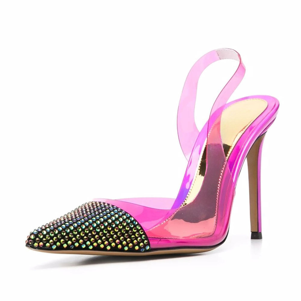 Hot Pink Pointed Toe Stiletto Heels Slingback Pumps with Rhinestones