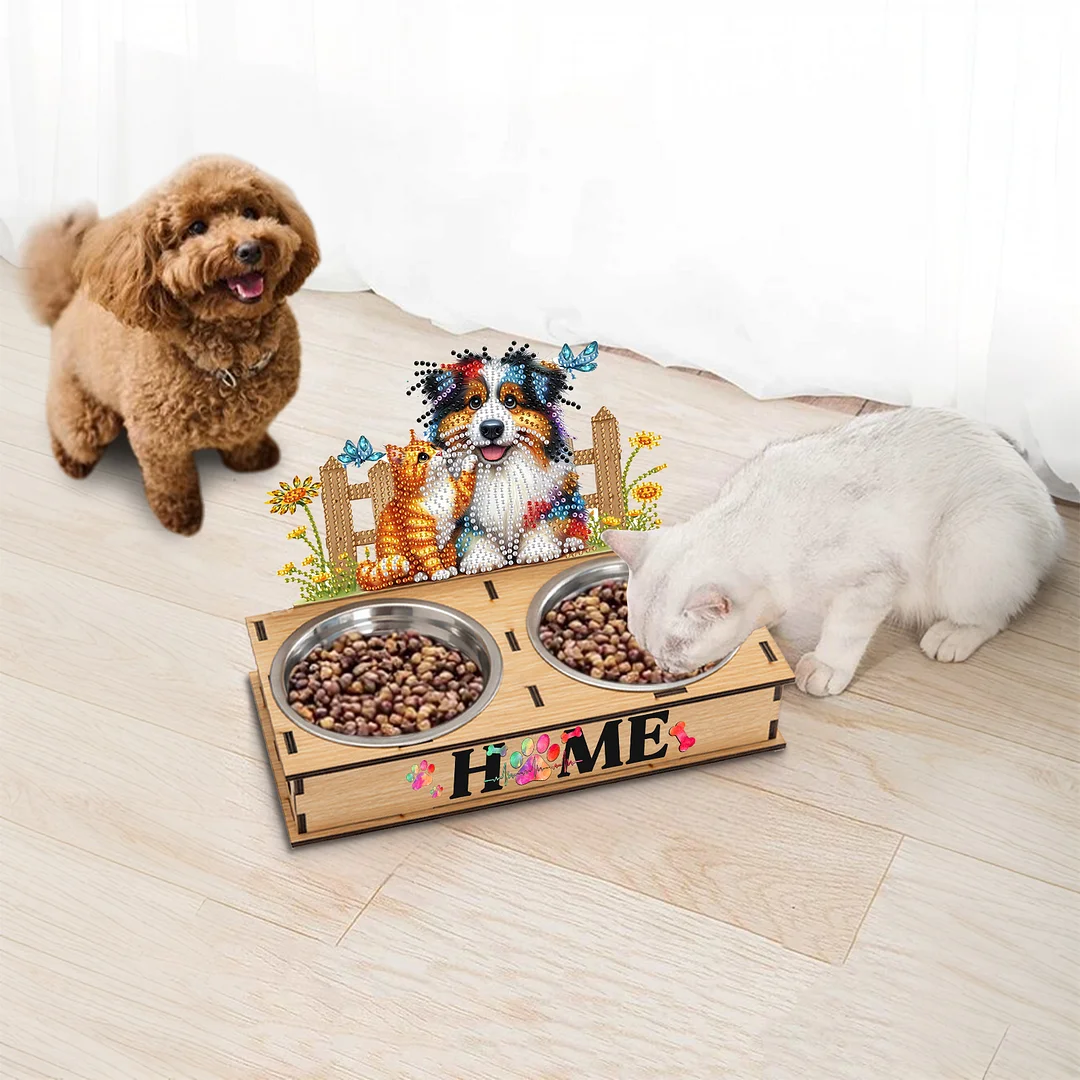 Diamond Painting Food Bowl with Wood Stand Diamond Art Dog Bowl for Small Dogs