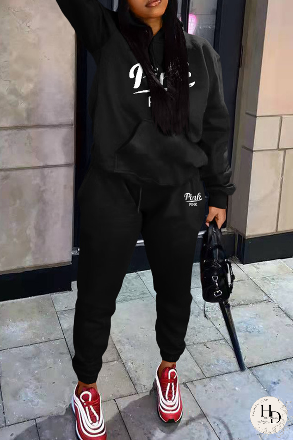 Pink Casual Print Patchwork Hooded Collar Long Sleeve Two Pieces