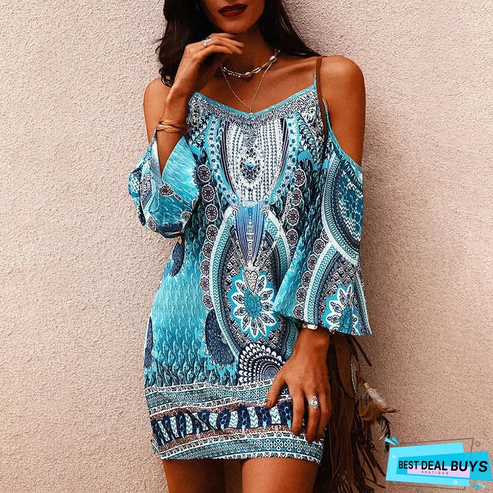 Printed Round Neck Hollow Short Sleeve Dress