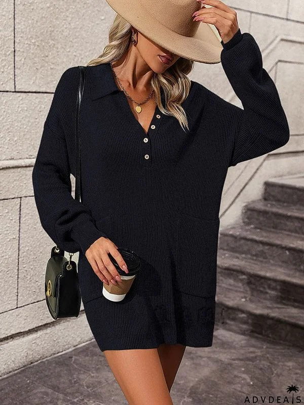 Loose Puff Sleeves Split-Joint Lapel Mini Dresses Sweater Dresses