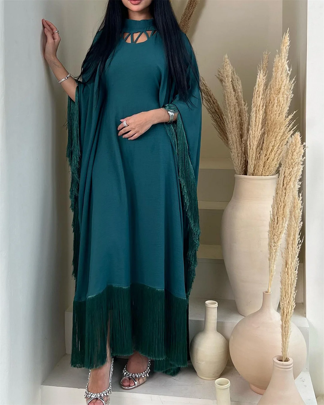 Women's Green Tassel Kaftan Dress