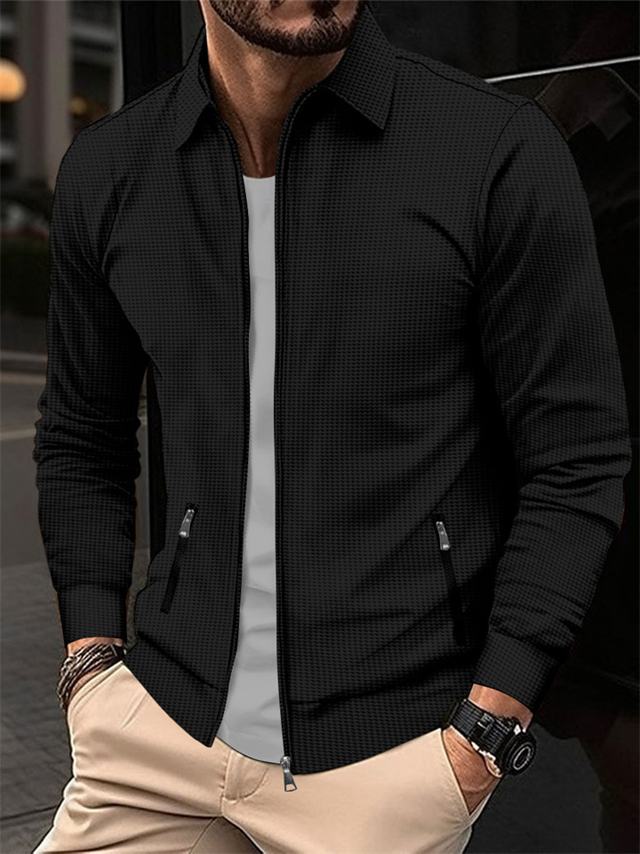 Jacket Men's Spring and Fall Waffle Zipper Pockets Lapel Slim Cardigan Men's Jacket