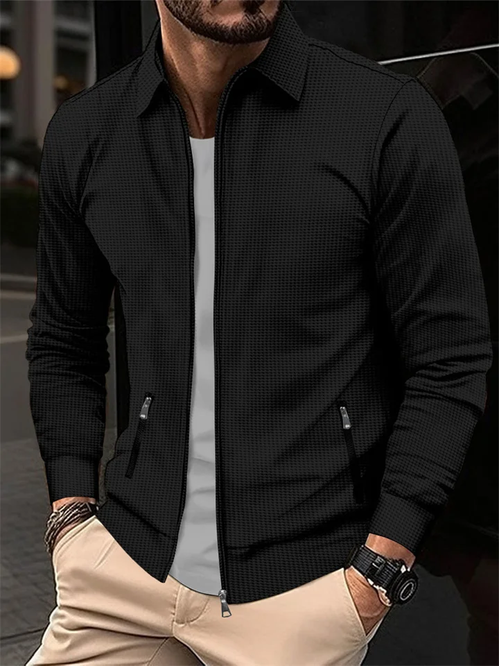 Jacket Men's Spring and Fall Waffle Zipper Pockets Lapel Slim Cardigan Men's Jacket-JRSEE