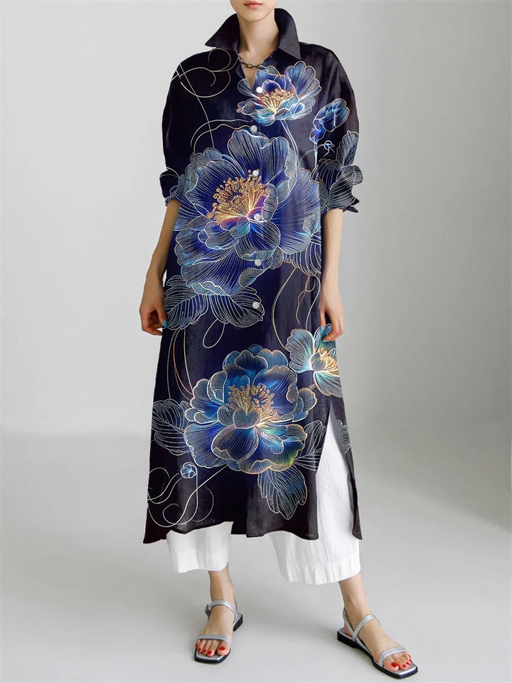 Japanese Art Flower Print Long Sleeve Slit Shirt Dress