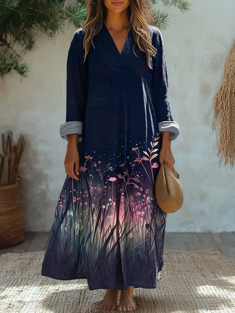Night Meadows Field Art Printed Women's Dress
