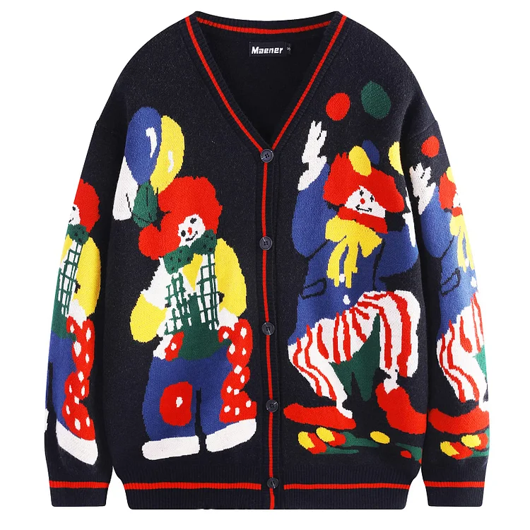 Cardigan Sweater Clown Print V-Neck Open Front Oversize