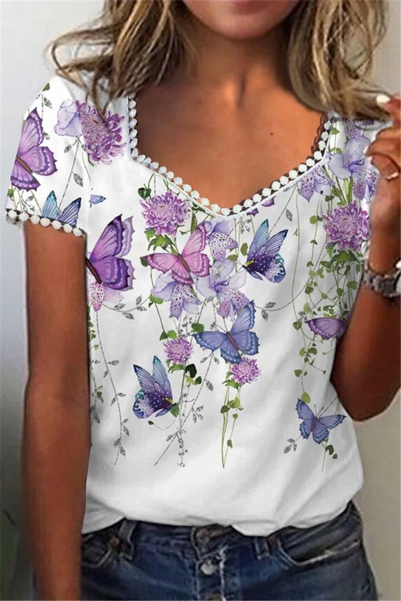Plus Size Floral Butterfly Print Lace Panel Short Sleeve V Neck Casual T Shirt