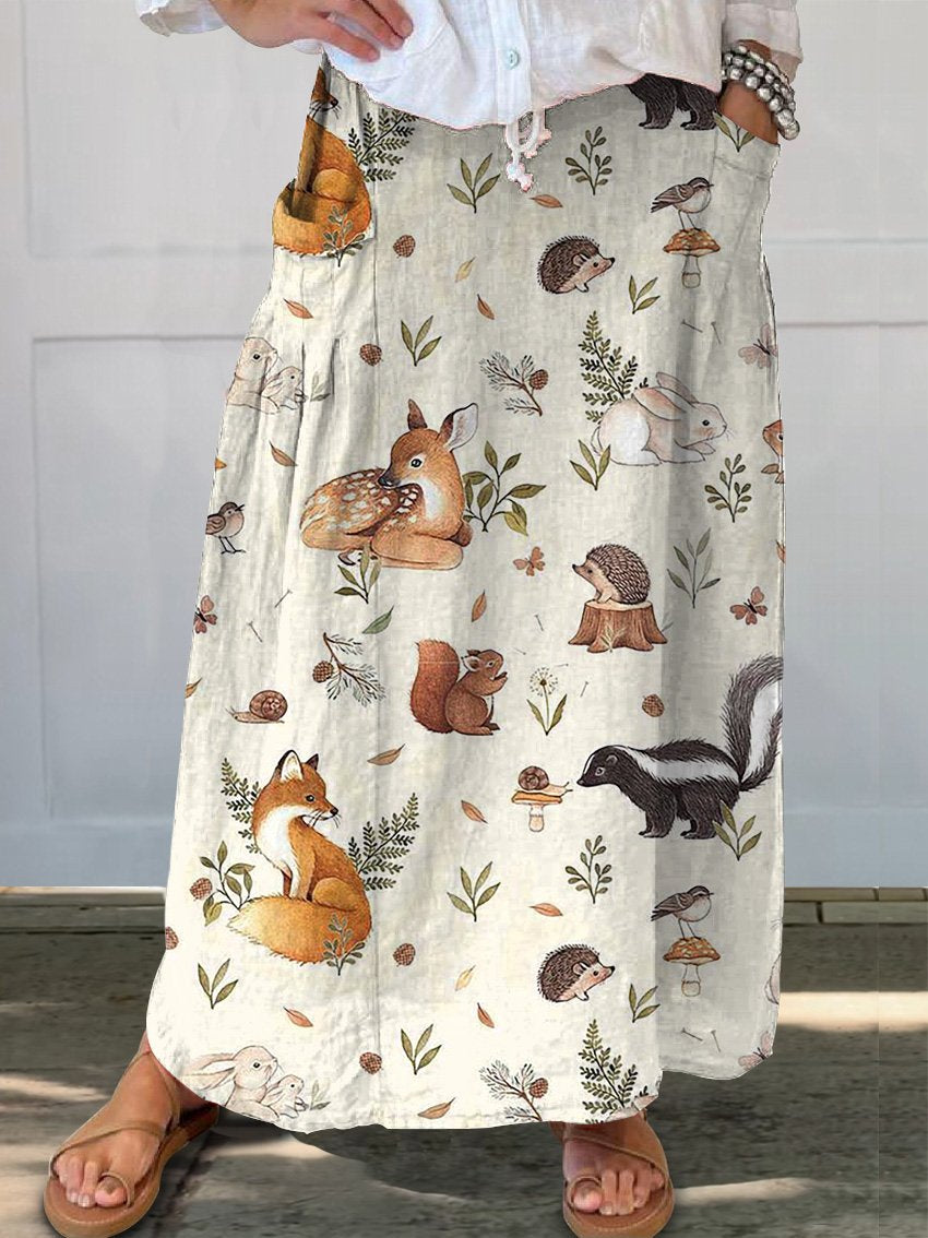 Autumn Woodland Pattern Printed Women's Linen Pocket Skirt