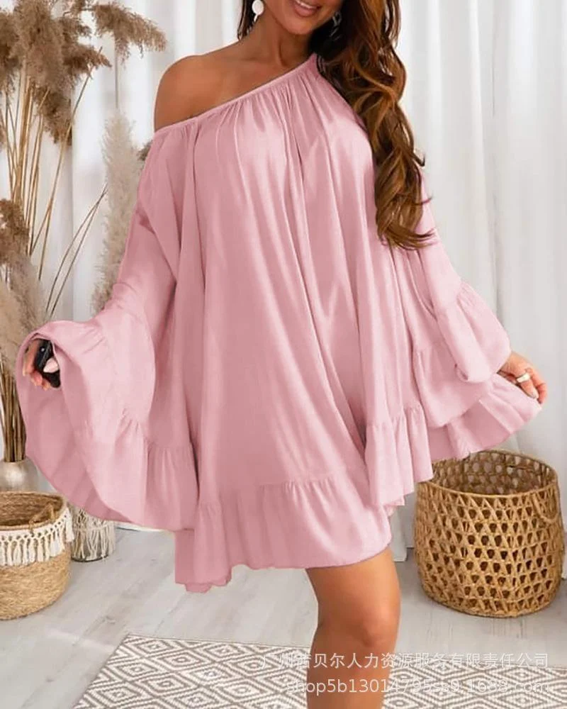 Bell Sleeve Ruffle Hem Casual Swing Dress