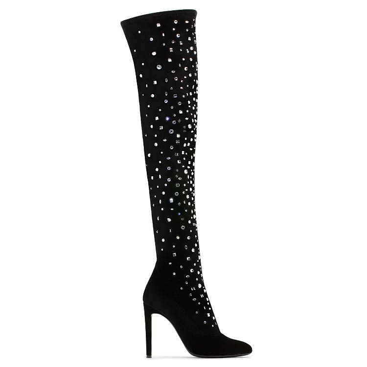 Rhinestone Black Thigh High Stiletto Boots with Pointy Toe Vdcoo