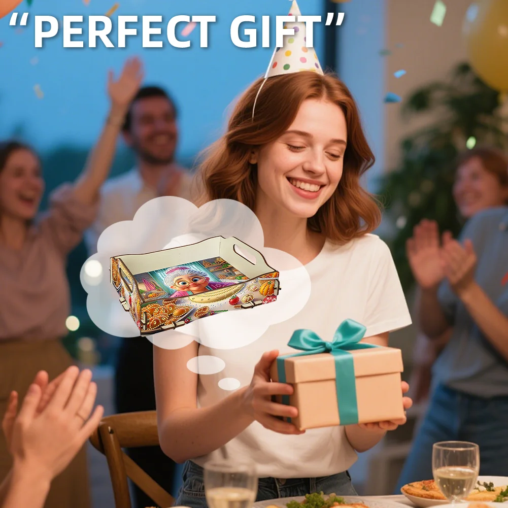 5D DIY Old Lady Diamond Painting Serving Tray with Handle for Coffee Table Decor