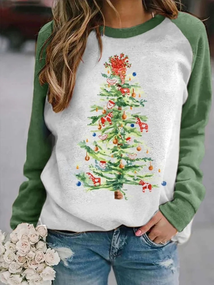 Wearshes Christmas Tree Painting Colorblock Sweatshirt