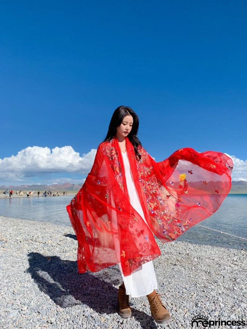 New Super Large Imitation Silk Embroidered Scarf Big Red Shawl with Flower Hat
