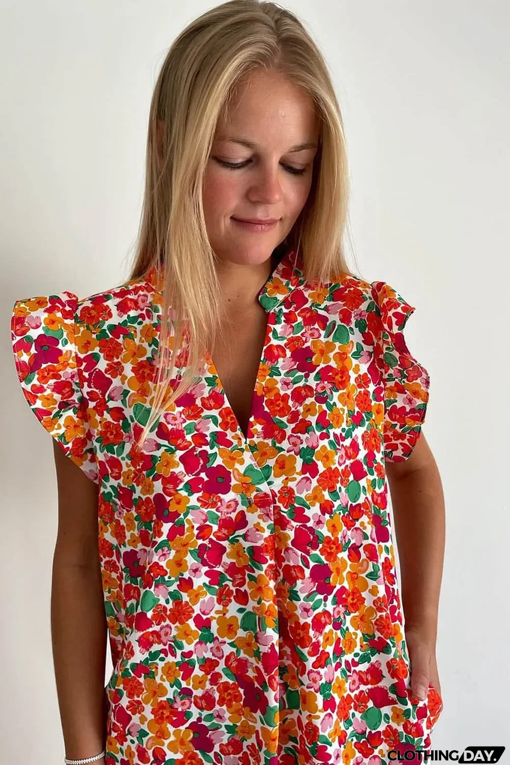 Red Ruffle Sleeve V-Neck Floral Dress