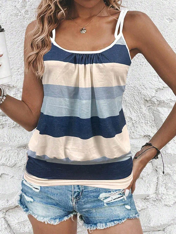 Pleated Contrast Color Sleeveless Loose Spaghetti-Neck Vest Top