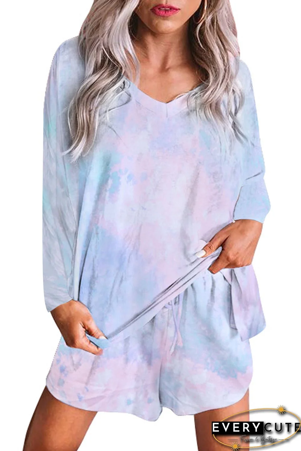 Tie Dye Top and Drawstring Shorts Loungewear Set
