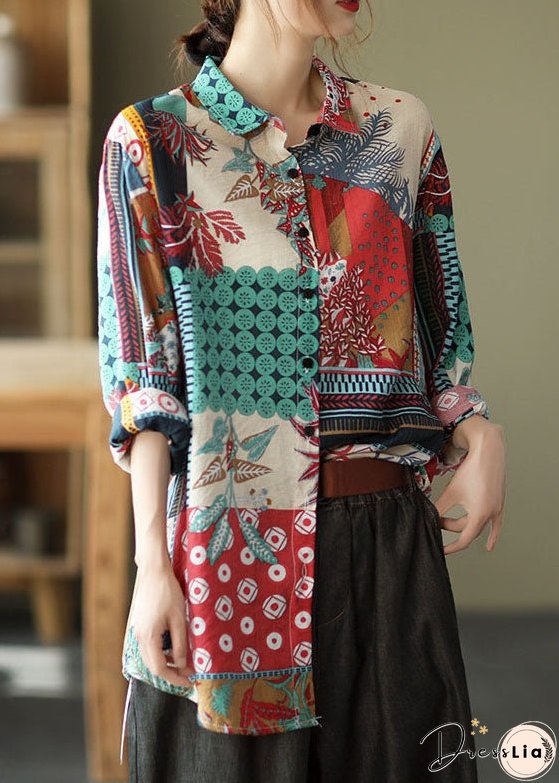 Red Patchwork Linen Shirts Peter Pan Collar Button Long Sleeve