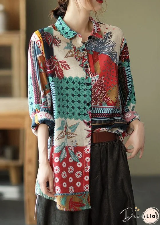 Red Patchwork Linen Shirts Peter Pan Collar Button Long Sleeve