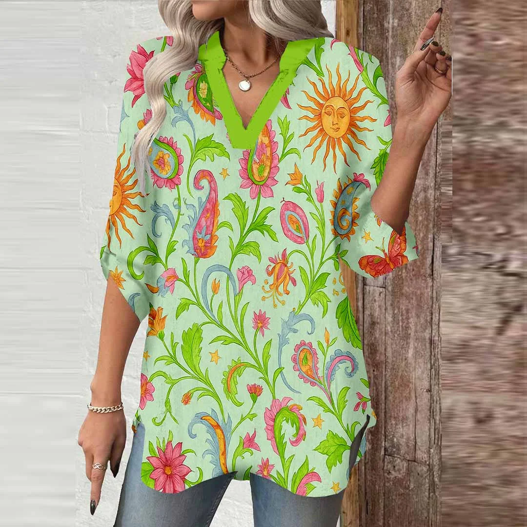 Women Tropical, Green, Red DZGA0111 3/4 Sleeve V-neck Printed Graphic Button Tops