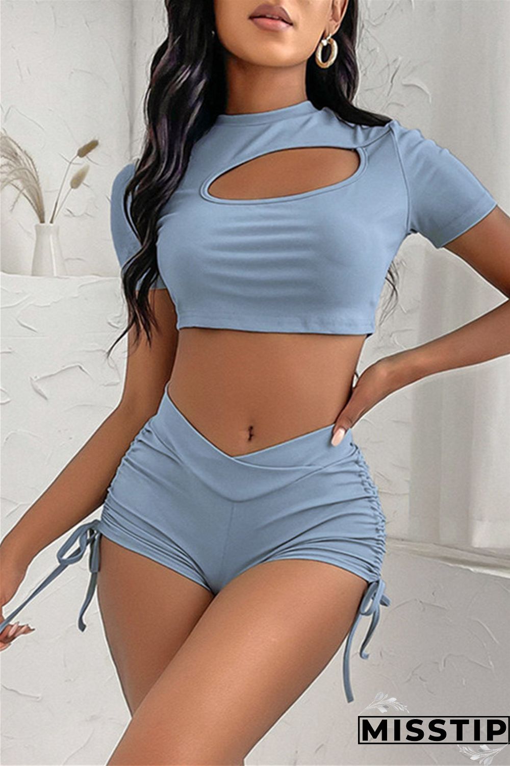Blue Casual Sportswear Solid Hollowed Out Draw String O Neck Short Sleeve Two Pieces