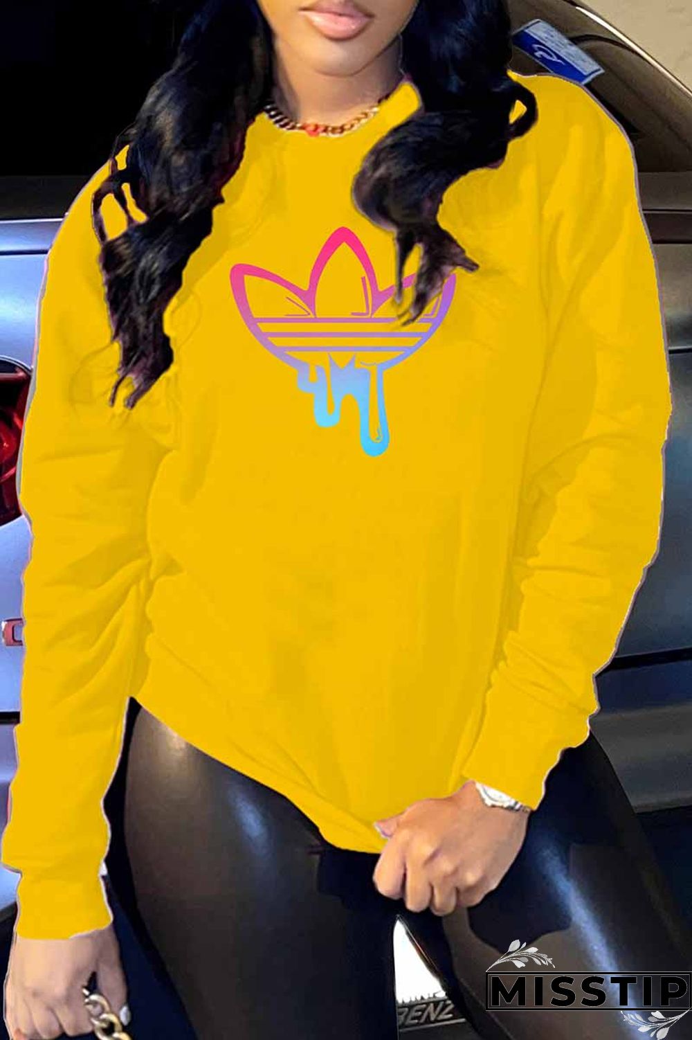 Black Casual Print Patchwork O Neck Tops