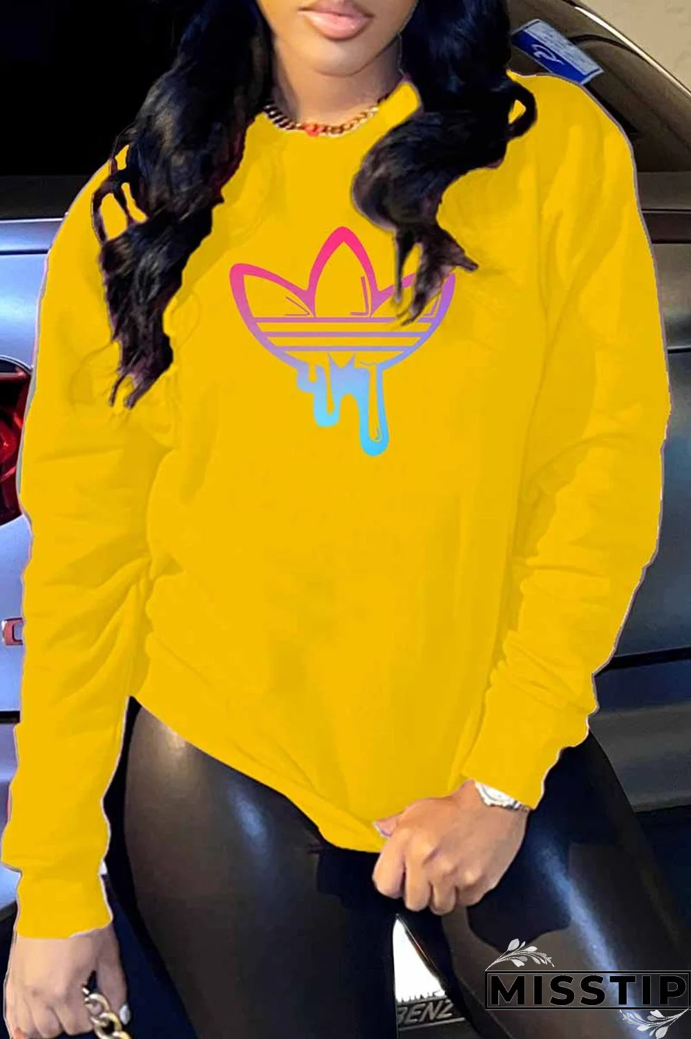 Black Casual Print Patchwork O Neck Tops