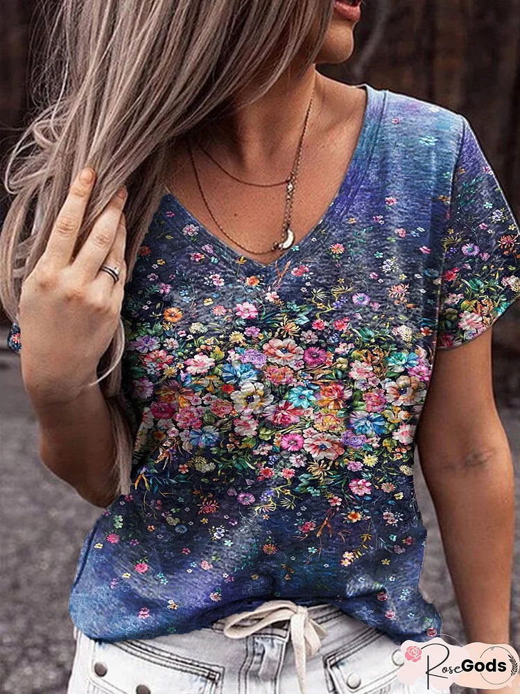 Floral V Neck Floral-Print Casual T-Shirt