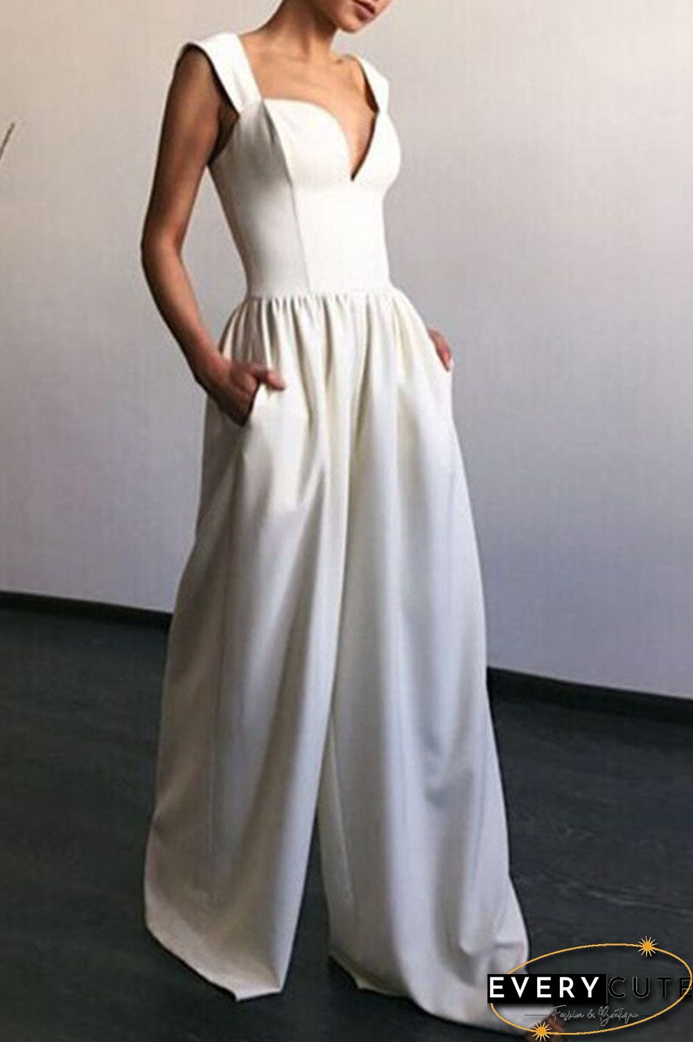 Fashion Casual Solid Split Joint V Neck Loose Jumpsuits