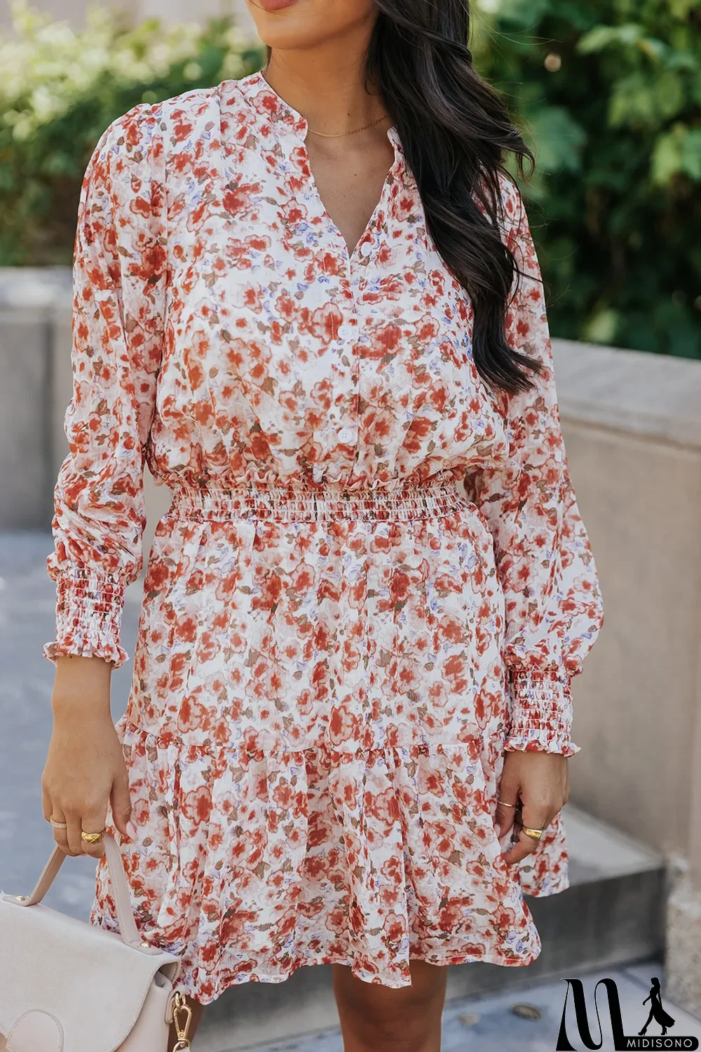 MidiSono - Red Shirred High Waist Floral Mini Dress