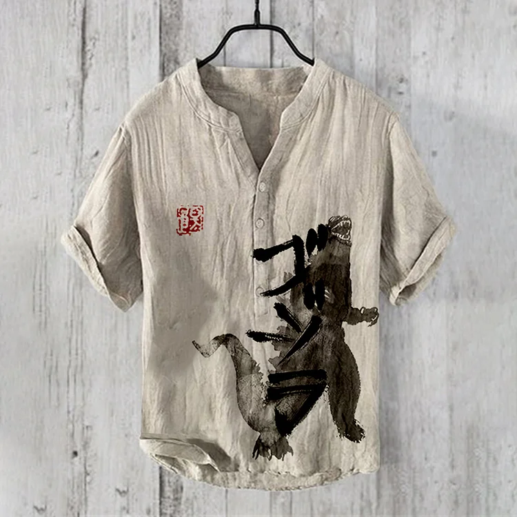 Vintage Japanese Godzilla Ink Art  Linen Blend Shirt