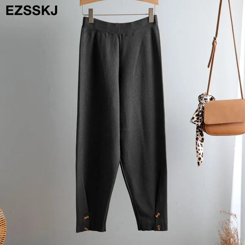 Women Elastic Waist  BUTTON Trousers Thick Knitted Harem Pants Autumn Winter Sport pants sweater Knitted Carrot pants
