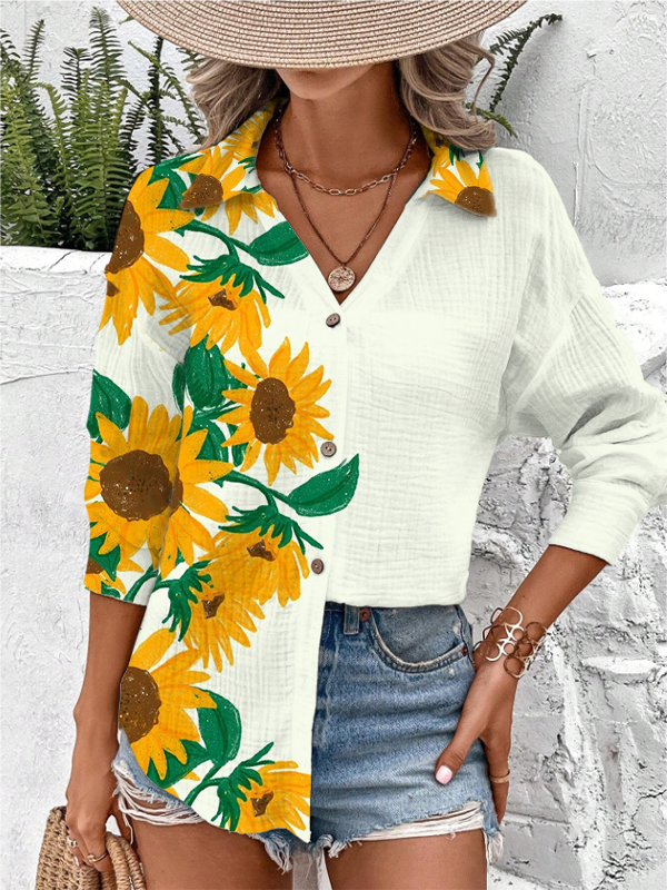 Women's Holiday Sunflowers And Leaves Art Print Long Sleeve Shirt
