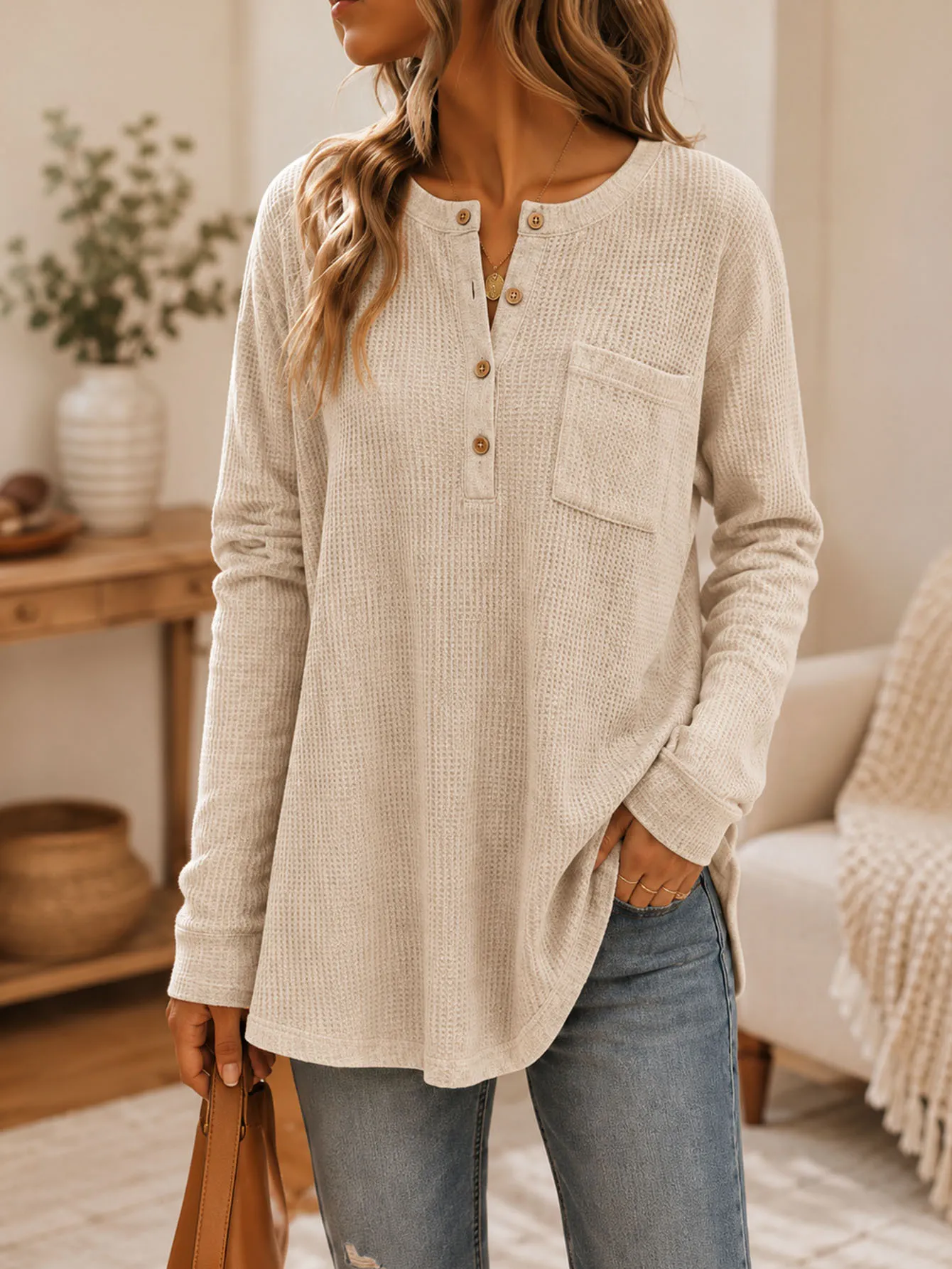 Women Waffle Knit Henley Tunic Top