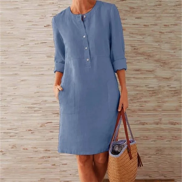 Solid Color Stand Collar Long Sleeve Buttoned Dress Linen