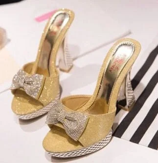 Women Platform High Heels Slippers Bowknot Design Glitter Bling Wedges Sandals Sexy Peep Toe Women Nightclub Party Wedding Shoes