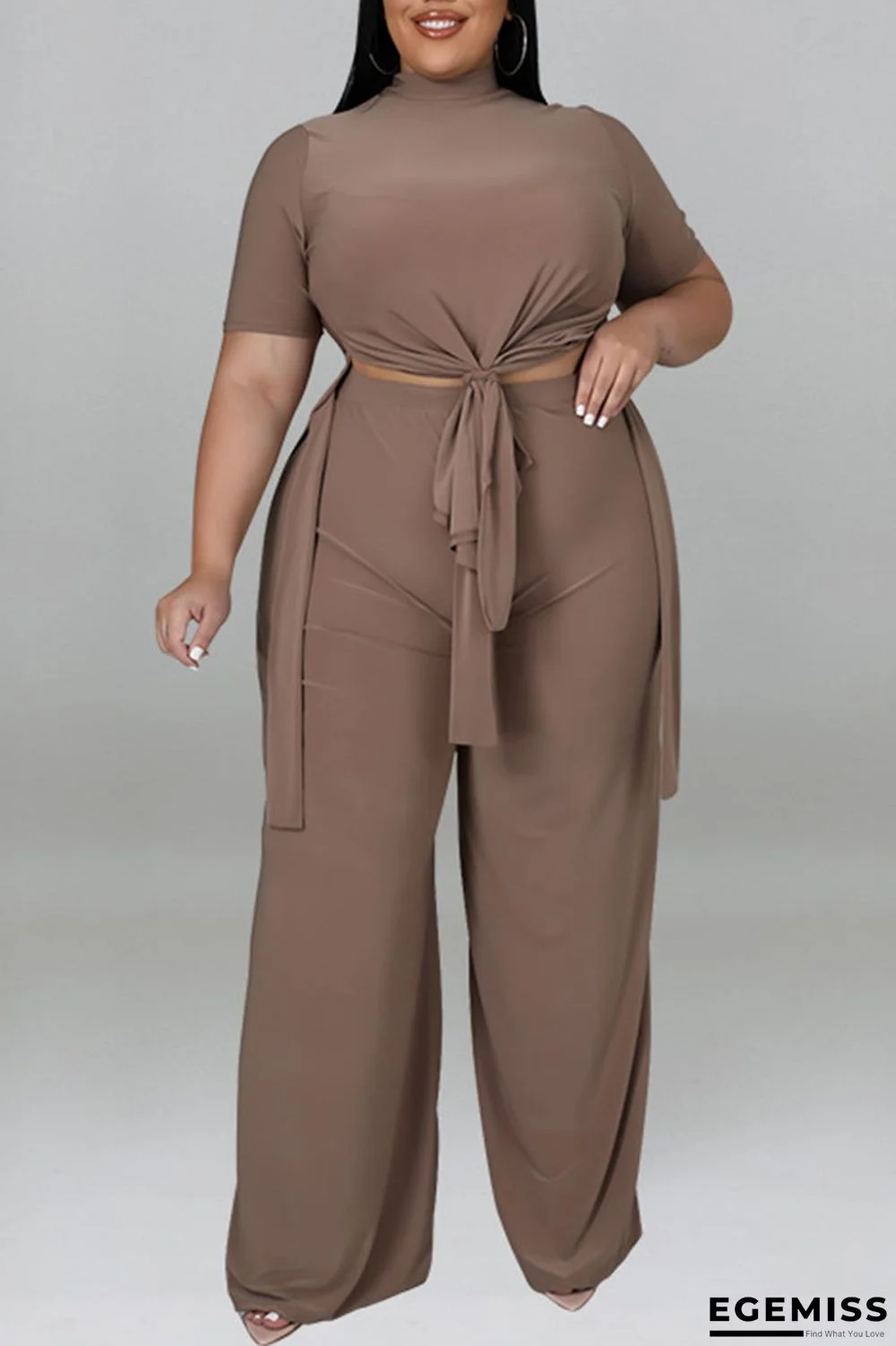 Coffee Casual Solid Patchwork O Neck Plus Size Two Pieces | EGEMISS