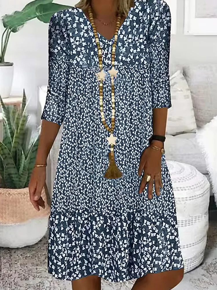 Elegant Ladies Casual Loose Printed Long Sleeve V Neck Dress