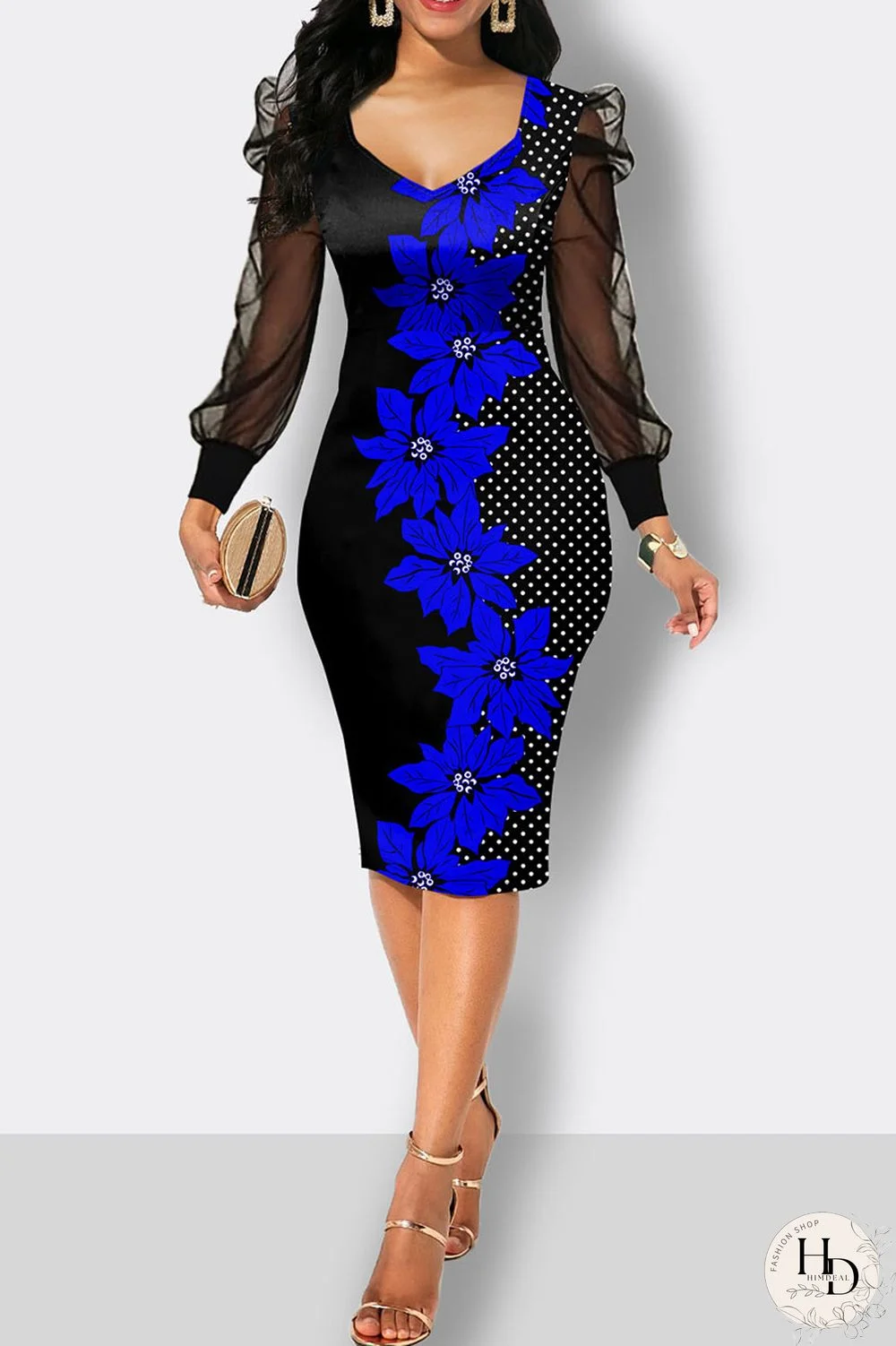 Black White Casual Print Patchwork V Neck One Step Skirt Dresses
