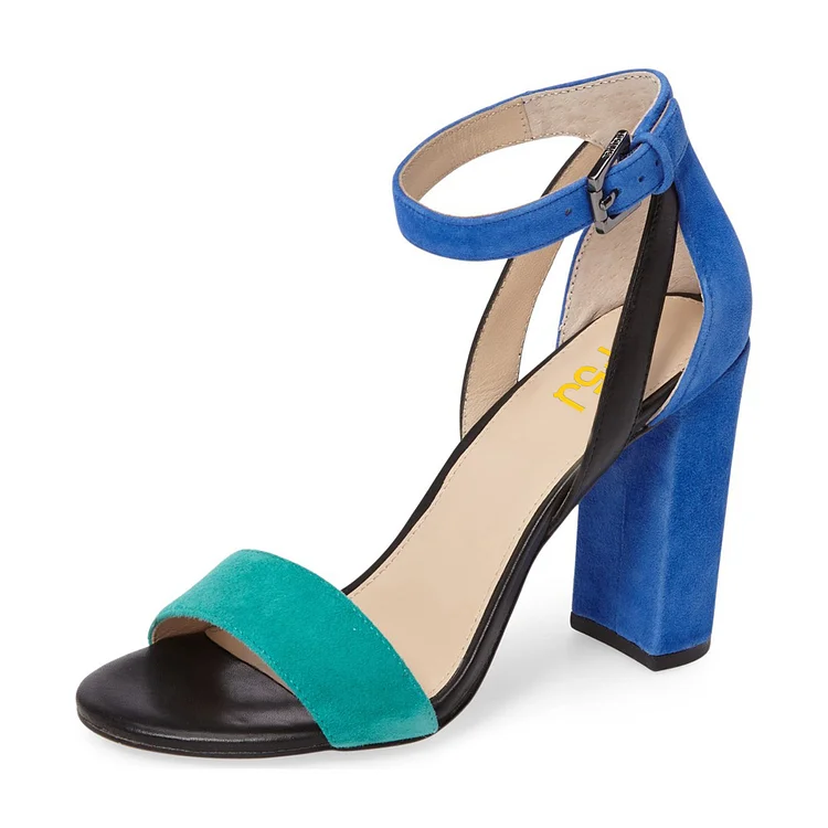 Cyan and Blue Ankle Strap Sandals Vegan Suede Block Heels |FSJ Shoes