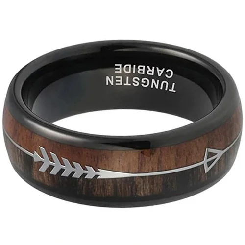 4MM 6MM 8MM 10MM Women's Or Men's Tungsten Carbide Wedding Matching Rings Black Cupid's Arrow over Wood Inlay with High Polish Dark Wood Inlay Domed Top