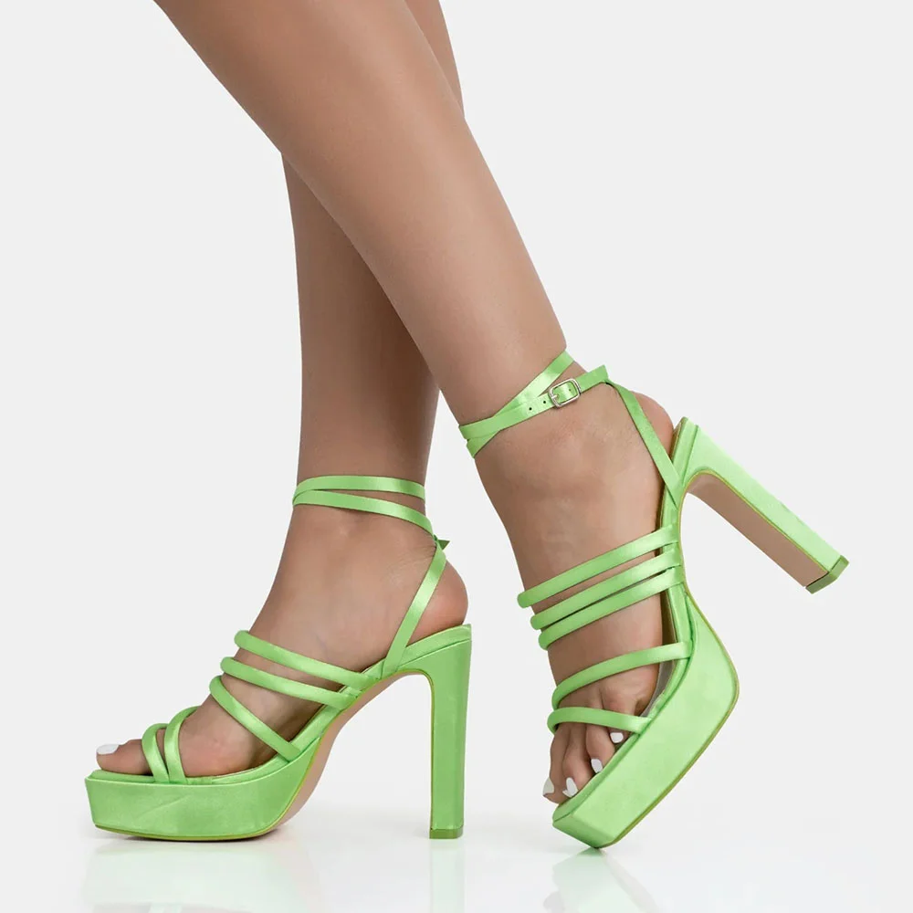 Green Satin Opened Square Toe Ankle Strappy Platform Sandals With Chunky Heels Nicepairs