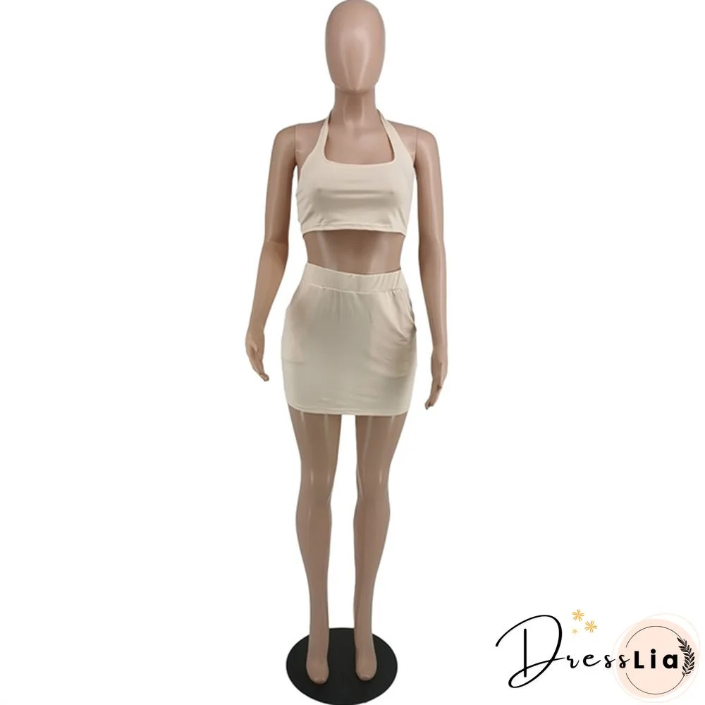 Plus Size Summer Solid Women Square Neck Sleeveless Crop Top+Elastic Waist Mini Skirt 2 Piece Set