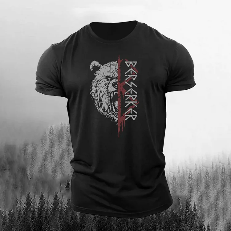 Men's Retro Viking Bear And Rune Print Short-sleeve T-shirt