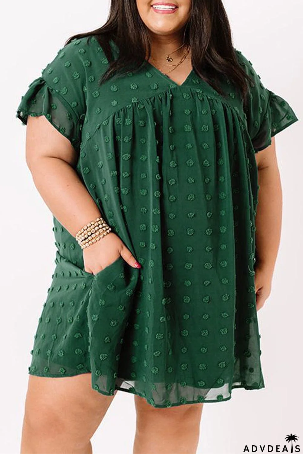 Plus Size V Neck Ruffle Swiss Dot Mini Dress with Pocket