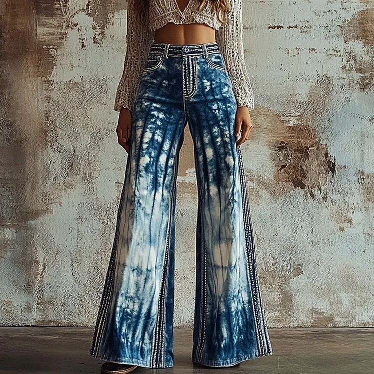 Vintage 90s Tie-dye Chain-decorated Denim Print Wide-leg Flared Trousers Casual Pants