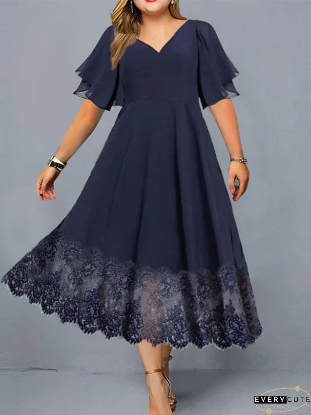 Plus Size Casual Dress Lace Dress Chiffon Dress Solid Color Long Dress Maxi Dress Short Sleeve Lace V Neck Fashion Outdoor Navy Blue Summer Spring L XL XXL 3XL 4XL for Women