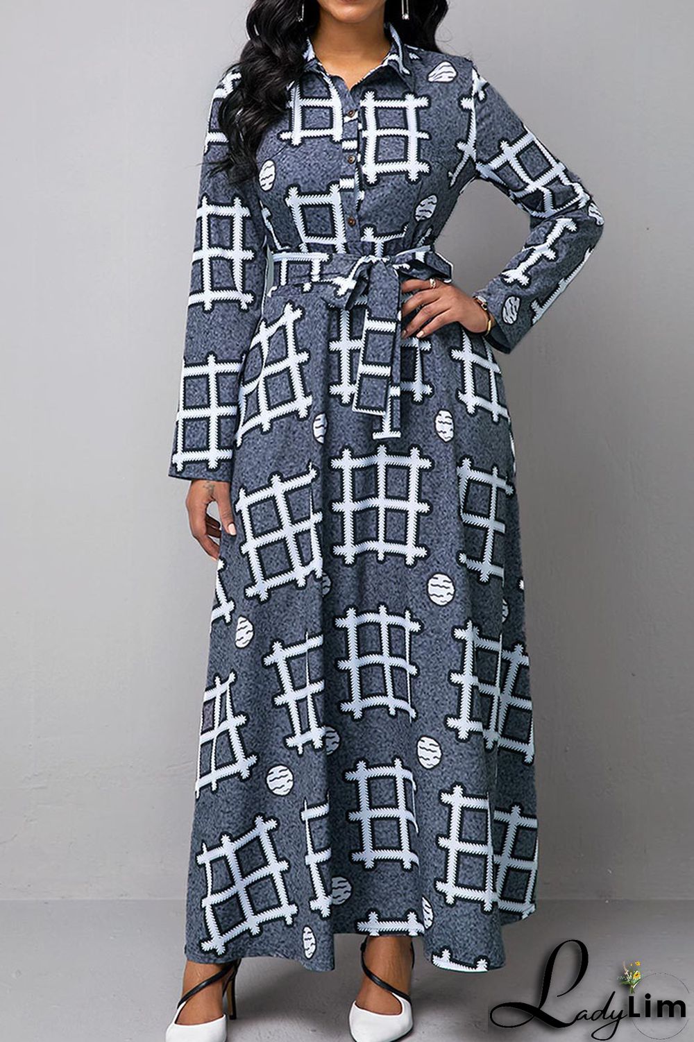 Colour Casual Print Patchwork Buckle Turndown Collar Dresses