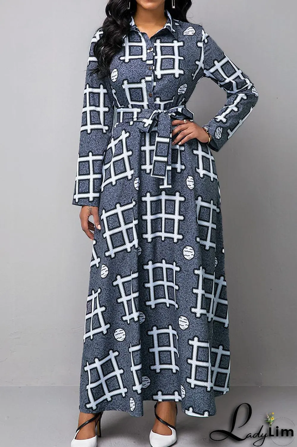 Colour Casual Print Patchwork Buckle Turndown Collar Dresses