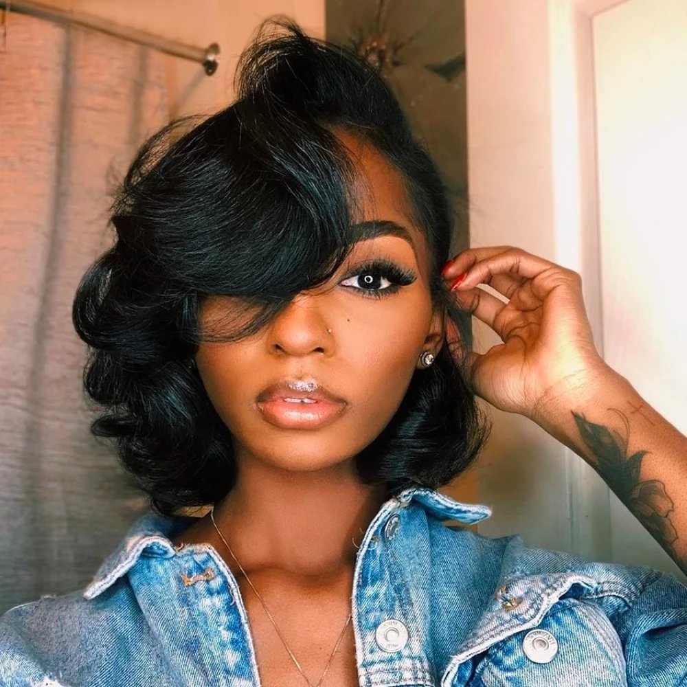20CM Body Wave Short Bob Lace Front Human Hair Wigs-elleschic